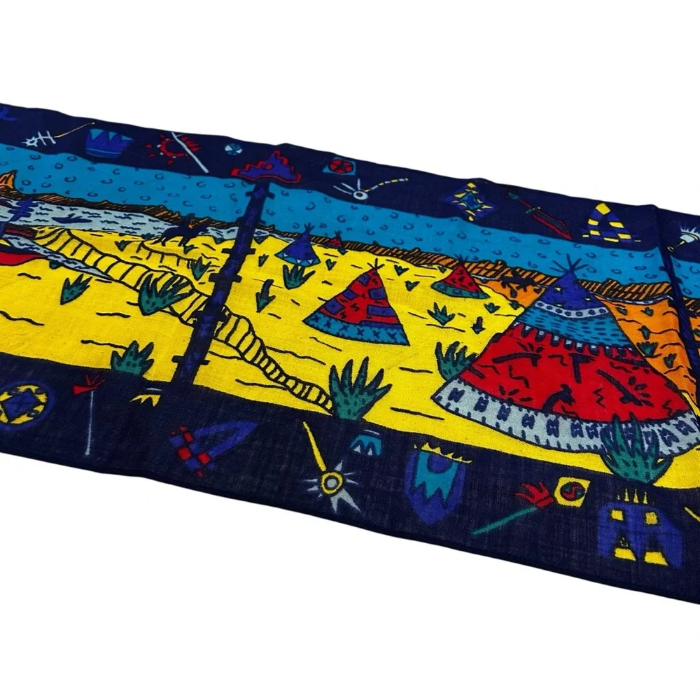 Colorful Novelty Print Scarf Teepee Indian Landscape Canoes Red Blue Multi 14x50